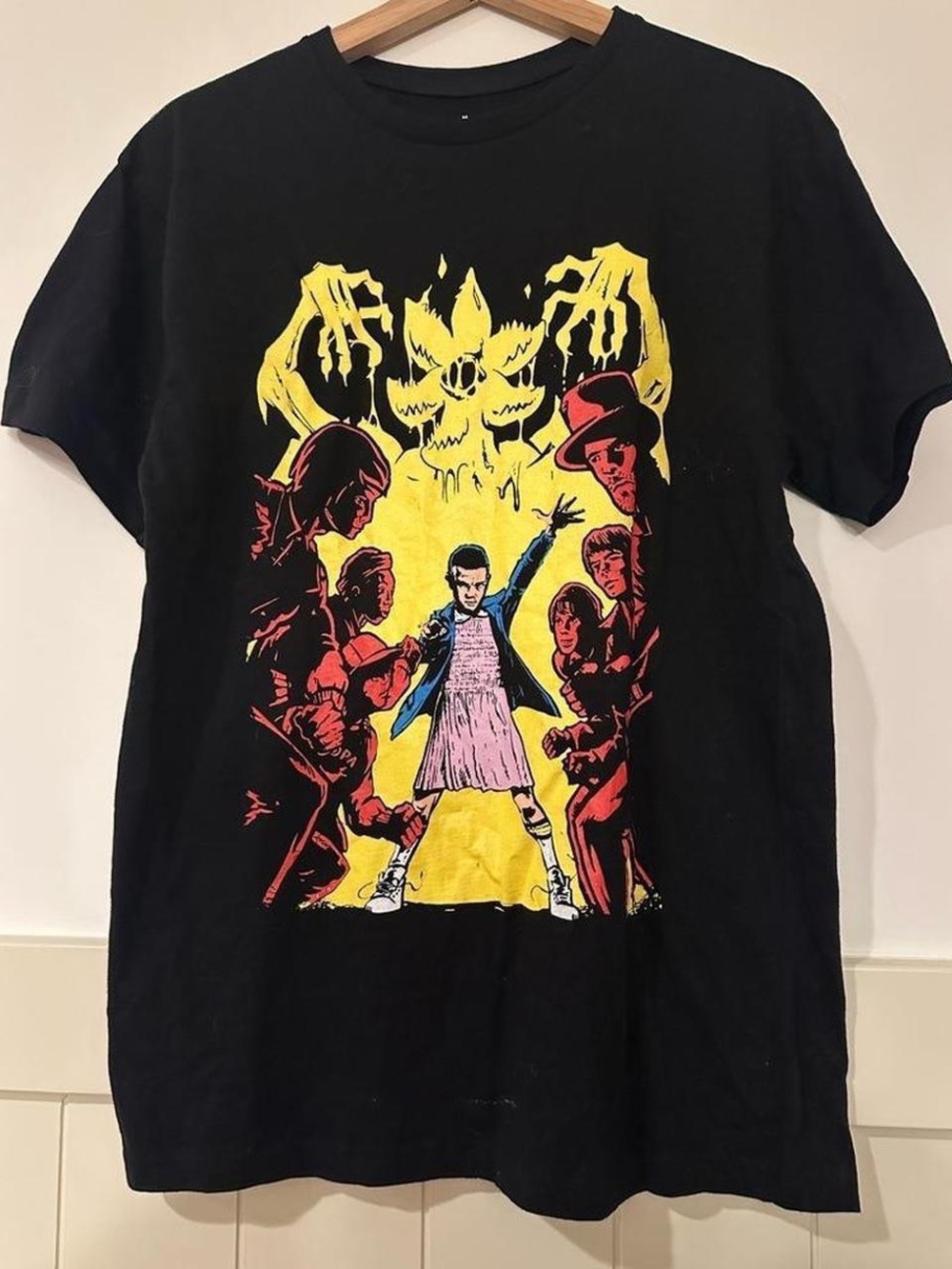 Kids Black Stranger Things Graphic Tee with Yellow & Red Print